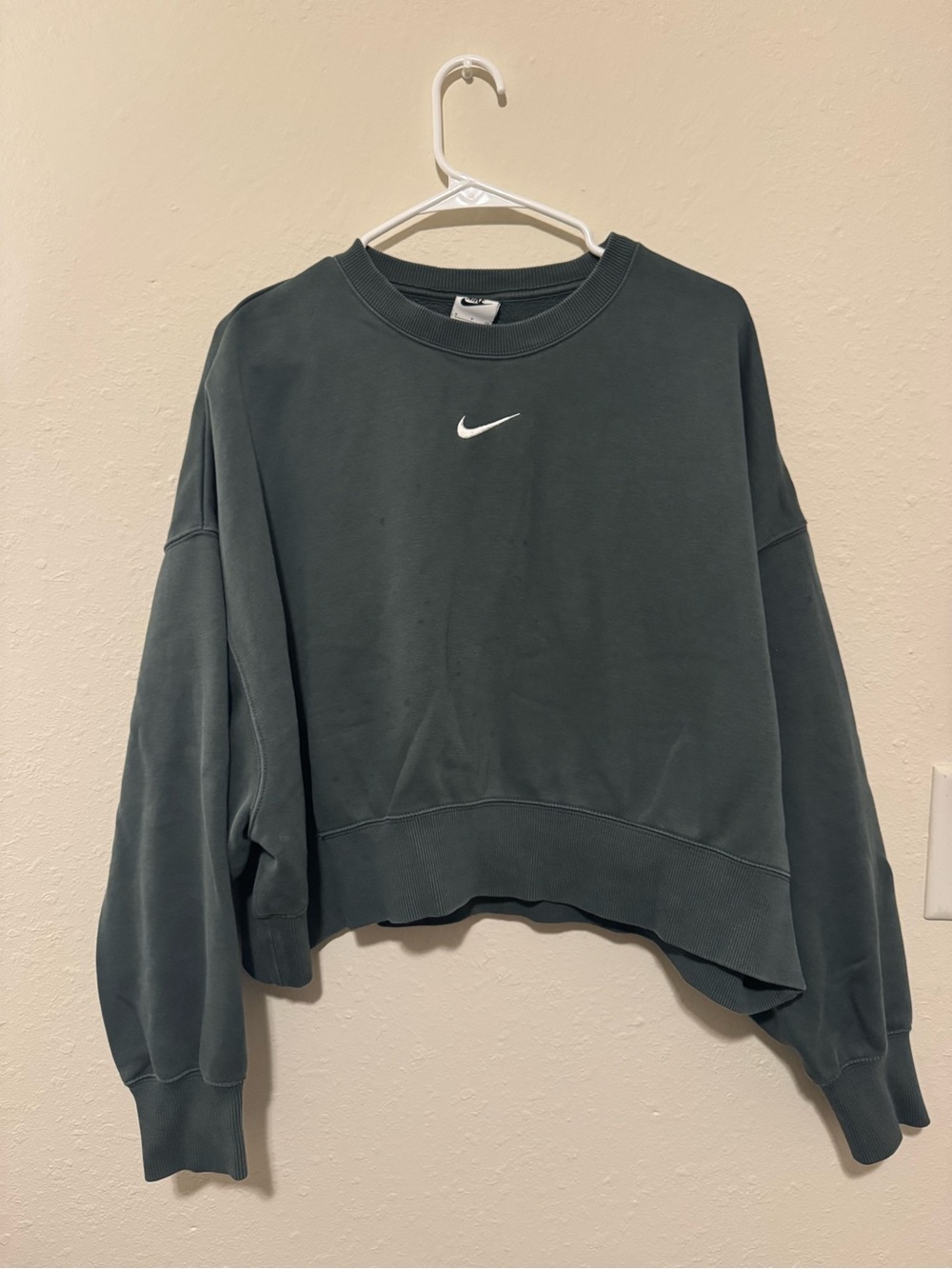 Nike Women's Forest Green Cropped Crew Sweatshirt with White Swoosh